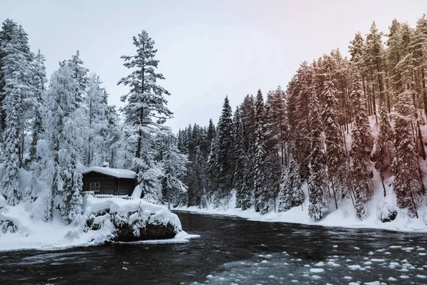 Χιονισμένη Καλύβα Δίπλα Στον Ποταμό Στο Εθνικό Πάρκο Oulanka Φινλανδία — Φωτογραφία Αρχείου