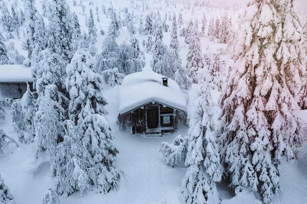 Ξύλινη Καμπίνα Χιονισμένο Δάσος Στη Φινλανδία — Φωτογραφία Αρχείου