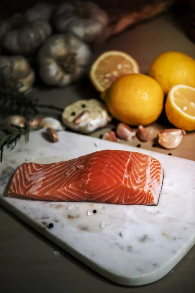 Frische Rohe Lachs Lebensmittel Fotografie Rezeptidee — Stockfoto