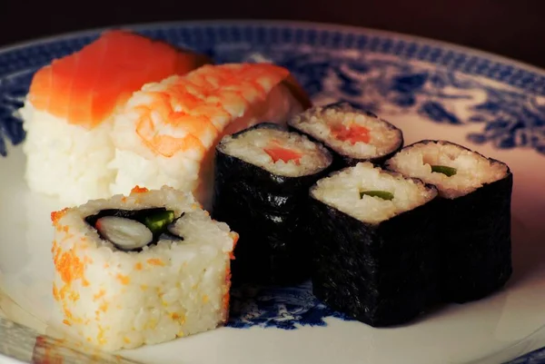 Sushi Maki Rolls Rice Fish Salmon Shrimp Food Lunch Dinner — Stock Photo, Image
