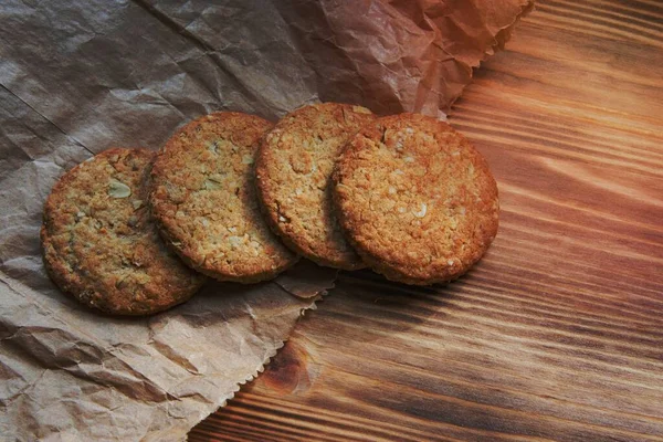 Klassiska Flingor Cookies Trä Hem Bakgrund Bageri — Stockfoto