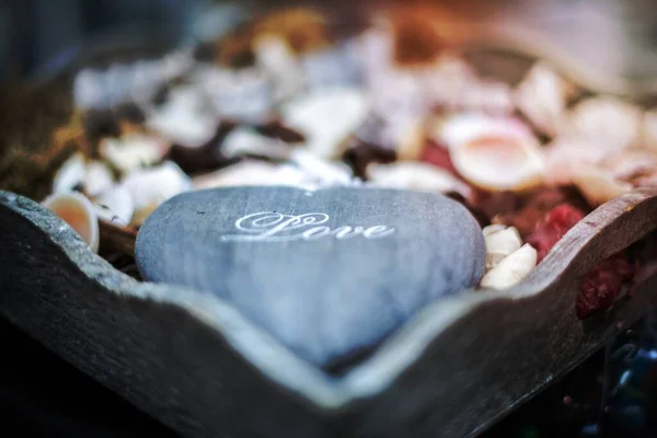 stock image Gray Heart Shape Rock With Love Text Overlay Decor