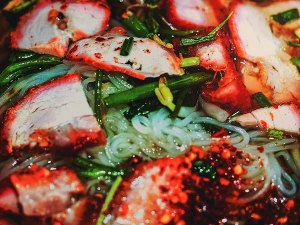 Тайская Еда Лапша Овощами Мясом Свининой — стоковое фото
