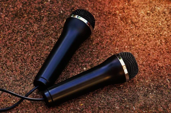 Dois Microfones Dinâmicos Pretos — Fotografia de Stock