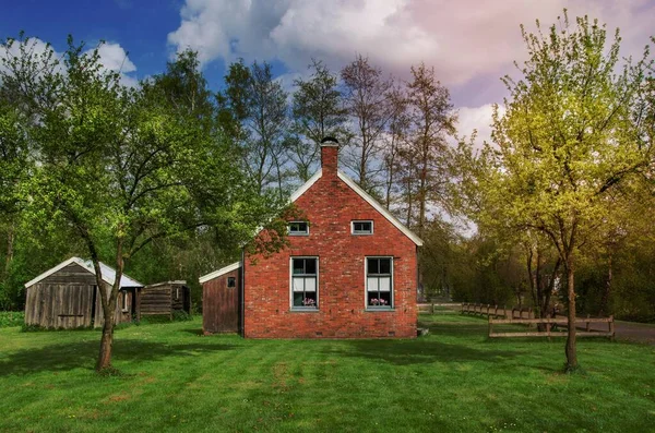 Bruin Bakstenen Huis Omringd Door Groene Bomen Gras — Stockfoto
