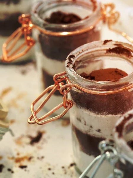 Kakao Pulver Glas Jahrgang Rustikal Zucker Verschüttet Schokolade Heiße Schokolade — Stockfoto