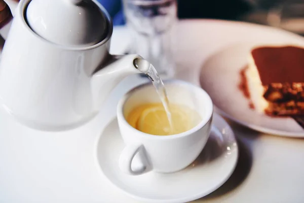 Завтрак Еда Напитки Напитки Кружка Стол Белый Вода Чай Лемон — стоковое фото
