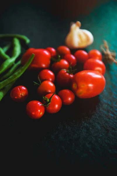 Rote Tomaten Obst Gemüse Lebensmittel Knoblauch Bohne — Stockfoto