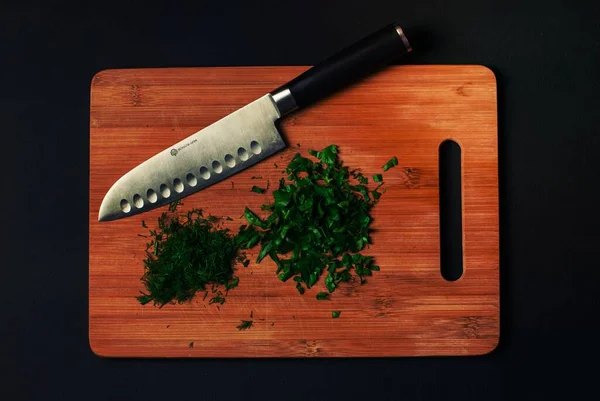 Tabla Cortar Cuchillo Picado Perejil Eneldo Ingredientes Comida Saludable Chef —  Fotos de Stock