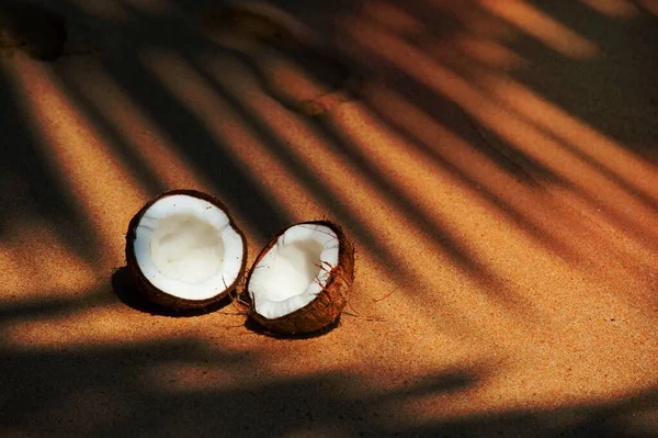 Bölünmüş Hindistan Cevizi Kum Seyahat Tatil Yemek Meyve Fındık Beyaz — Stok fotoğraf