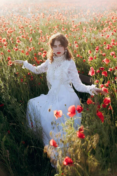 一个穿着老式白色连衣裙的漂亮女孩 作为模特 在夕阳西下的罂粟地里拍摄时尚照片 — 图库照片