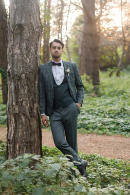 Güzel bir çift, yeşil takım elbiseli damat ve sıra dışı pembe gelinlikli gelin sonbaharda ormanda düzenlenen lüks bir açık hava seremonisinde poz veriyorlar.