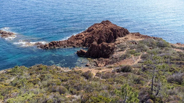 stock image Steep coast on the Cote d'Azur, French Riviera, overlooking the Mediterranean Sea on a rock, Drone shot