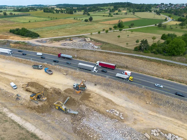 Motorväg Byggarbetsplats Med Byggfordon Och Maskiner Nybyggnation Och Renovering Nära — Stockfoto