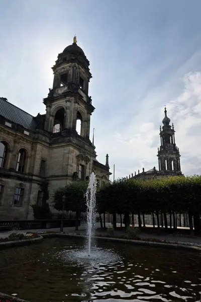 stock image Bruehl Terraces in Dresden with cathedral and fountain