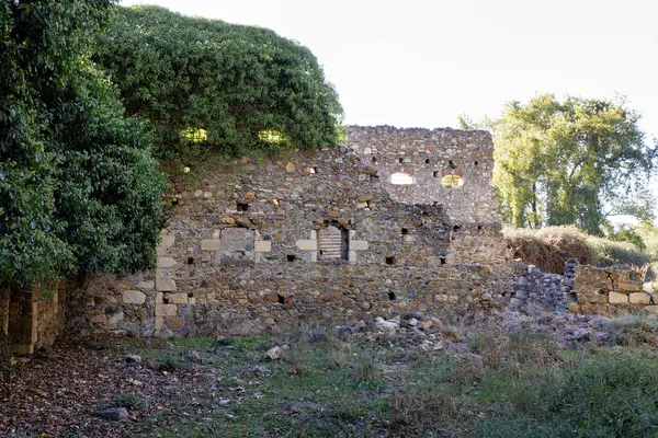 Yunanistan 'ın Girit adasında eski, terk edilmiş, aşırı gelişmiş, çökmüş bir ev.