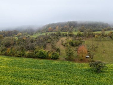 Sisin içinde tarlaları, meyve ağaçları ve tepeleriyle Almanya 'da manzara, insansız hava aracı