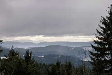 View from the Hornisgrinde mountain near Sasbach in the Black Forest into the valley, in winter with frosty temperatures, snow and fog clipart