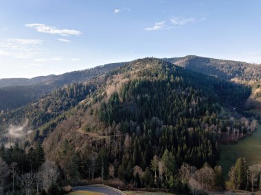 Kara Orman sonbaharda, ağaçların üzerinden vadiye bakan drone fotoğrafıyla.