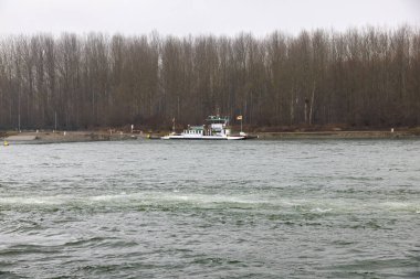 Kışın Baden Wuerttemberg, Neuburg yakınlarındaki Ren Nehri 'nde feribot.