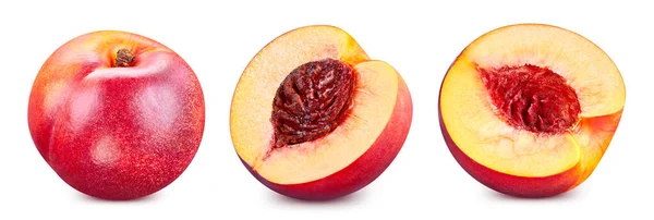 Brzoskwiniowy Owoc Izolowany Białym Tle Trzy Brzoskwinie Ścieżką Wycinania Peach — Zdjęcie stockowe