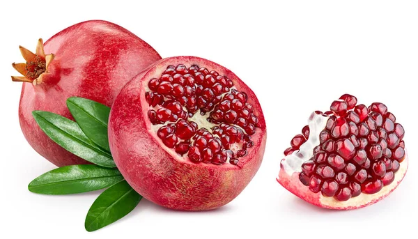 Pomegranate Clipping Path Ripe Whole Pomegranate Green Leaf Half Isolated — 스톡 사진