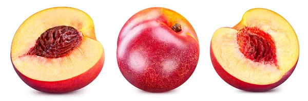 Персиковые Фрукты Выделены Белом Фоне Три Персика Обрезкой Макростудийное Фото — стоковое фото