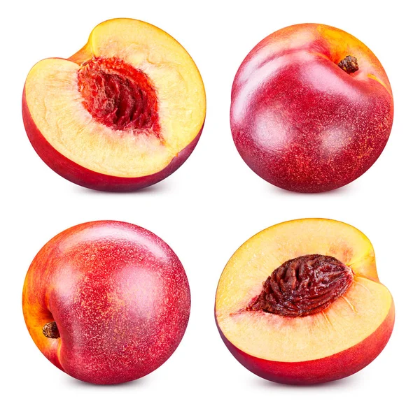 Pfirsichsammlung Isoliert Pfirsich Und Die Hälfte Auf Weißem Hintergrund Pfirsich — Stockfoto