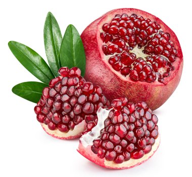 Pomegranate with leaves isolated on white background. Pomegranate Clipping Path. Pomegranate macro studio photo