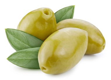Isolated Olive. Fresh organic olive with leaves isolated clipping path. Olive macro studio photo.