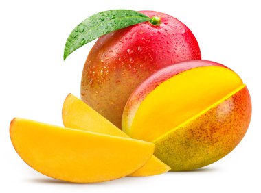 Mango Clipping Path. Ripe whole mango with green leaf and half isolated on white background. Mango macro studio photo