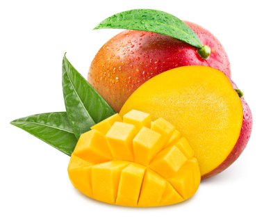 Mango Clipping Path. Ripe whole mango with green leaf and half isolated on white background. Mango macro studio photo