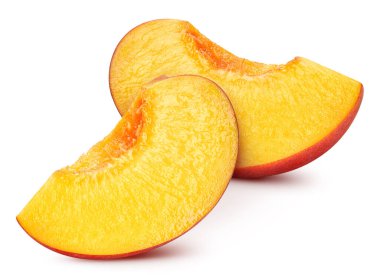 Peach slice isolated on white background. Peach with clipping path. Peach macro studio photo