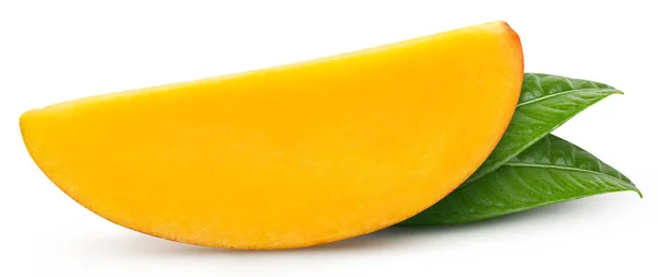 Mango Frukt Skivor Och Mango Blad Över Vita — Stockfoto