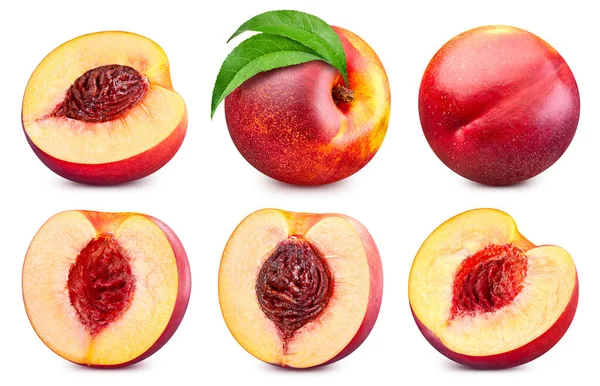 Pfirsichhälfte Mit Schneideweg Pfirsichfrüchte Isoliert Auf Weißem Hintergrund Peach Makro — Stockfoto