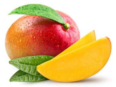 Beyaz arka planda izole edilmiş olgun mango meyveleri. Kesme yolu olan mango kompozisyonu. Mango makro stüdyo fotoğrafı