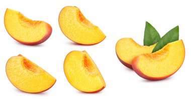 Peach slice collection isolated on white background. Peach set Clipping Path. Peach macro studio photo