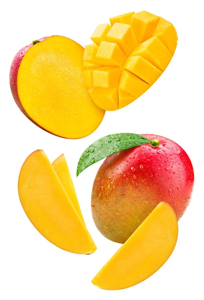 Mango Snijd Verse Organische Mango Met Bladeren Geïsoleerd Witte Achtergrond — Stockfoto