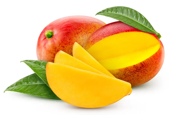 stock image Isolated mango. Fresh organic mango with leaves isolated clipping path. Mango macro studio photo.