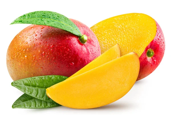 Mango Met Een Blad Exotisch Fruit Met Plak Geïsoleerd Witte — Stockfoto