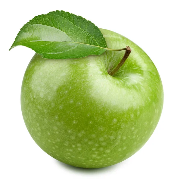 Yeşil Elma Kırpma Yolu Beyaz Arka Planda Yaprağı Olan Olgun — Stok fotoğraf