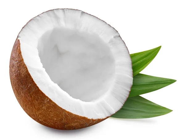 Kokosnoot Clippad Kokosnoot Met Groen Blad Half Geïsoleerd Witte Achtergrond — Stockfoto