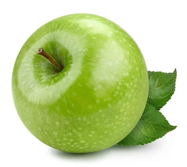 緑のリンゴのクリッピングパス 白の背景に孤立した葉でリンゴ全体を熟す Appleマクロスタジオの写真 — ストック写真
