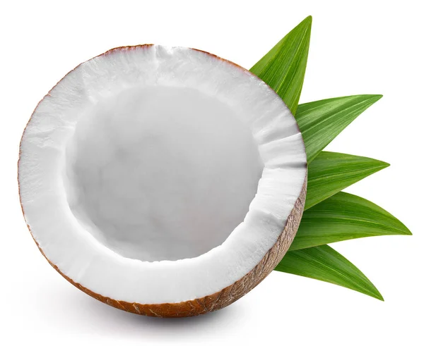 Kokosnötsklippning Kokosnöt Med Grönt Blad Och Halvt Isolerad Vit Bakgrund — Stockfoto