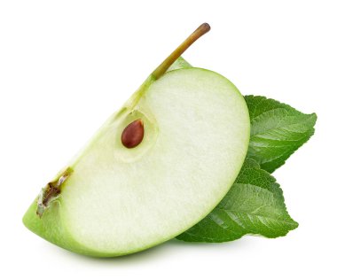 Yapraklı elma dilimi. Kırpma yolu ile beyaz arka planda yeşil elma meyvesi. Tasarım ögesi olarak.