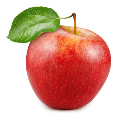 Kırmızı elma kırpma yolu. Beyaz arka planda yeşil yapraklı olgun bir elma. Kırmızı elma makro stüdyo fotoğrafı