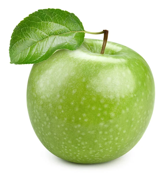 Yeşil Elma Kırpma Yolu Beyaz Arka Planda Yaprağı Olan Olgun — Stok fotoğraf