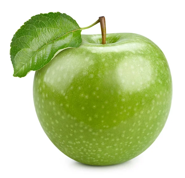 Una Manzana Verde Manzana Con Hojas Aisladas Sobre Fondo Blanco — Foto de Stock
