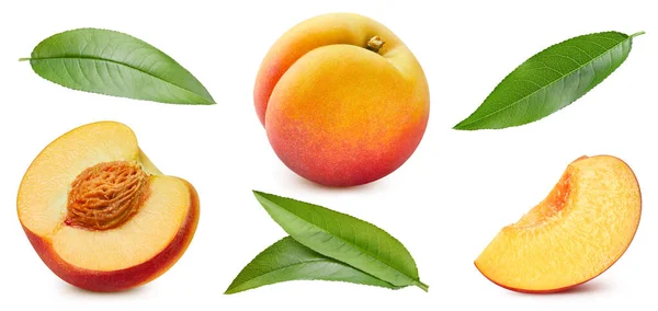 Peach Slices Collection Leaves Isolated White Background Peach Clipping Path — Stock Photo, Image