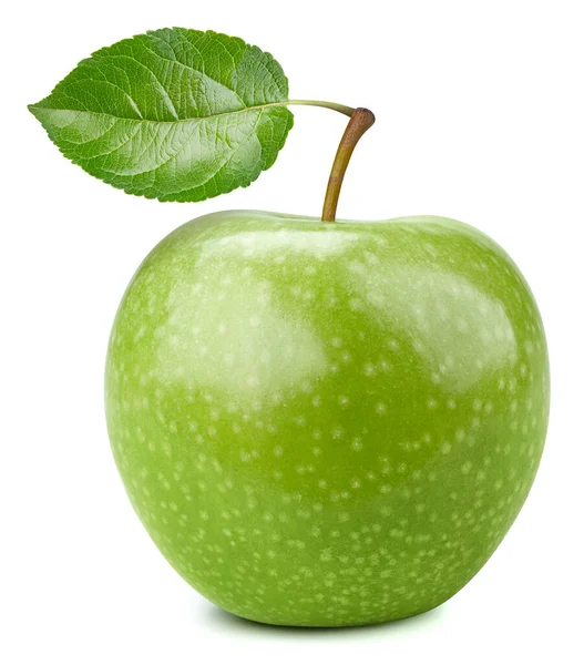 Green Apple Clipping Path Ripe Whole Apple Leaf Isolated White — Stock Photo, Image